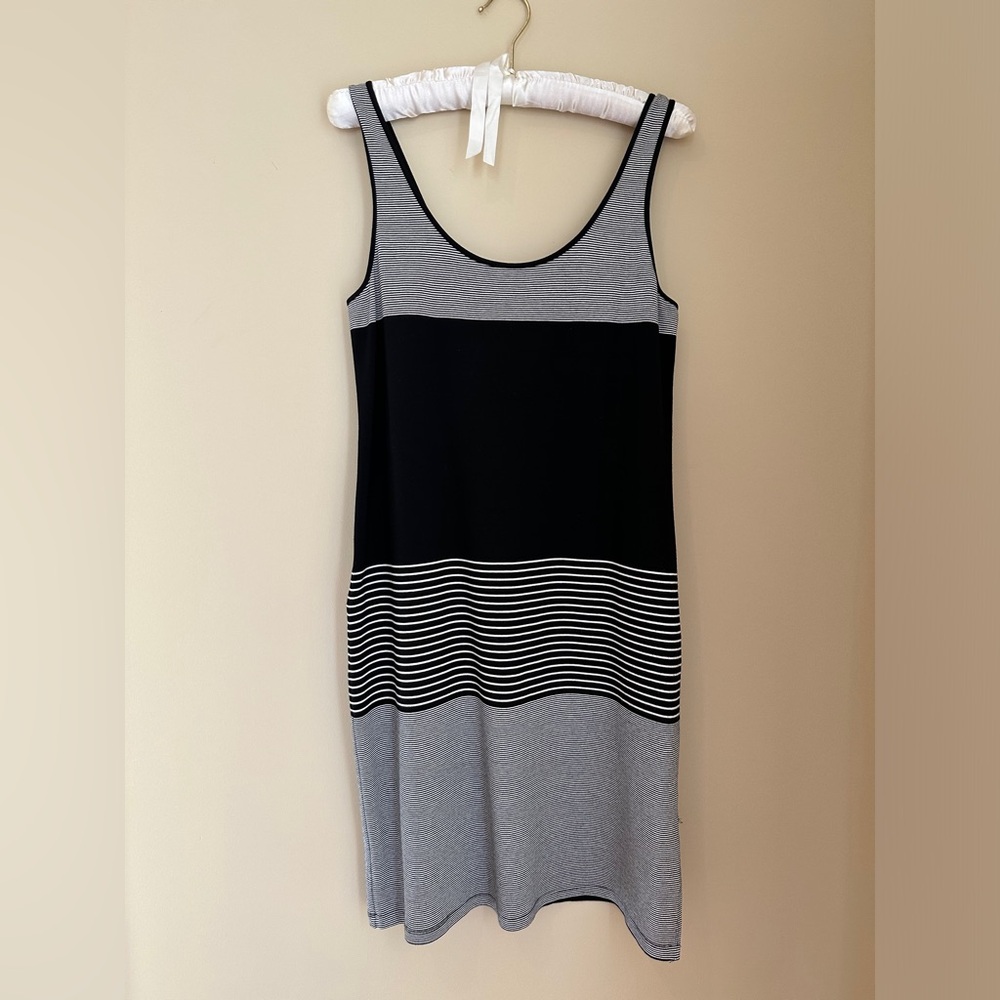 Theory Midi Black Stripe Dress, Size Large